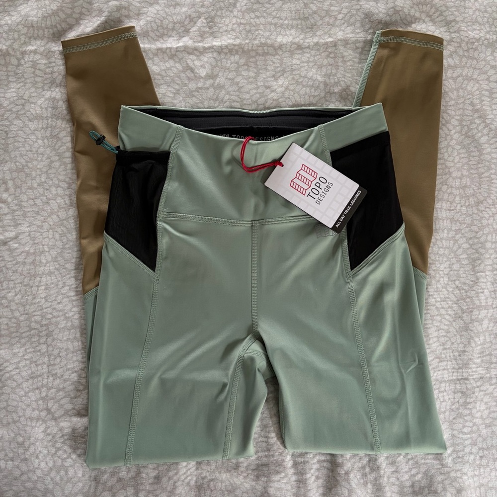 Topo Designs Sage Green and Tan Leggings with Black Panels